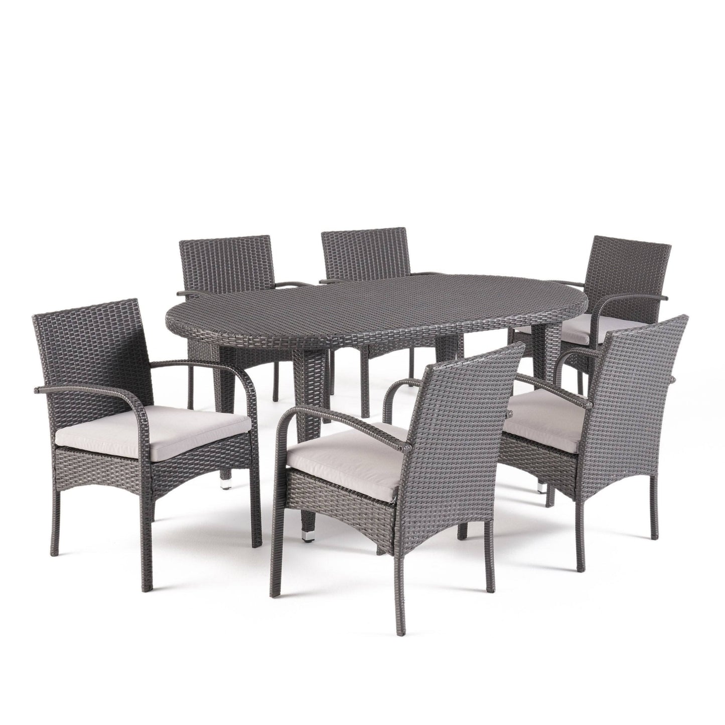 Christopher Knight Home Carter Outdoor 7-Piece Oval Wicker Dining Set with Cushions by Grey, Gray RXP8_L3YEJ47