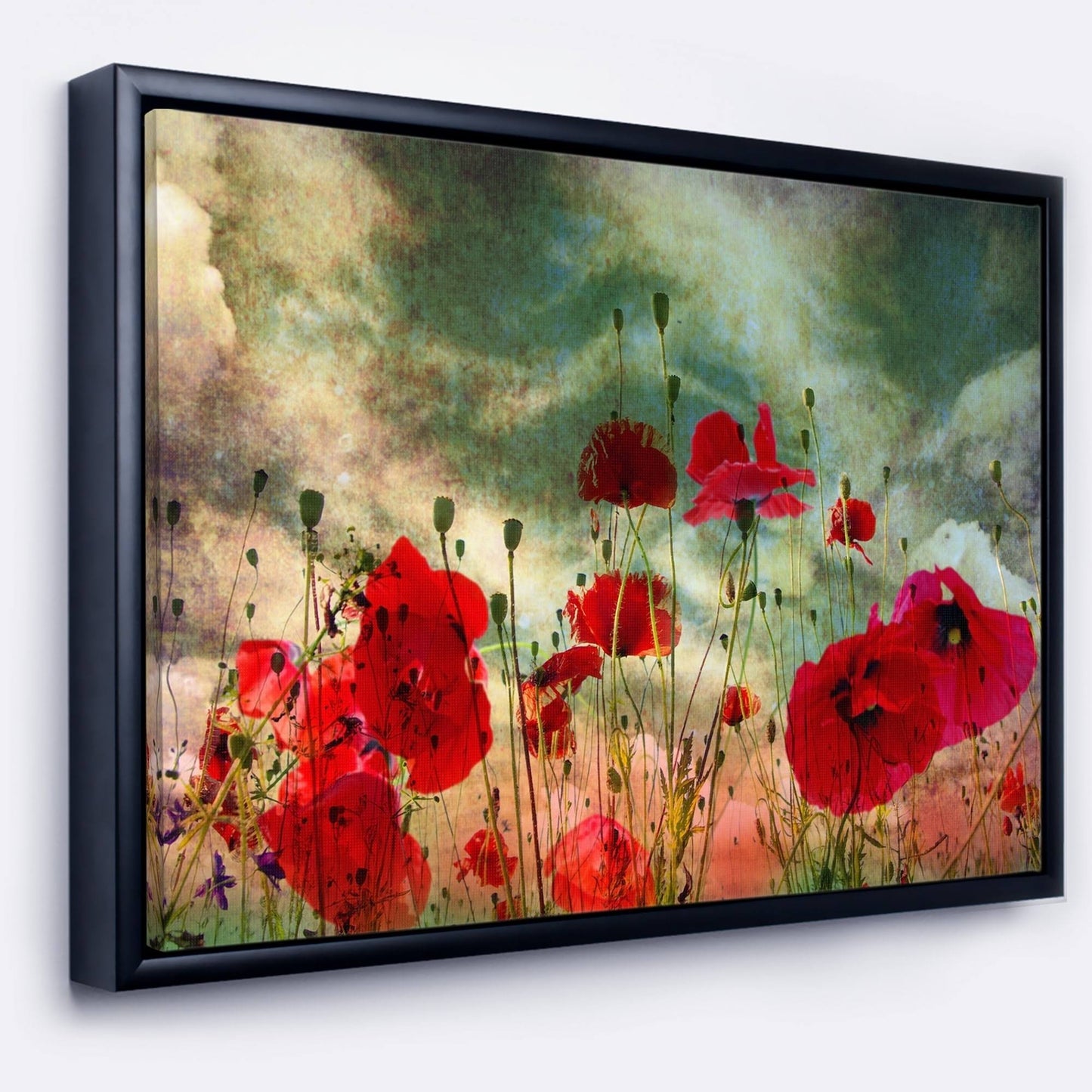 Designart &Wild Red Poppy Flowers in Sky& Floral Framed Canvas Art Print - 20 in. Wide x 12 in. High - Black QZC2_L0WHP09