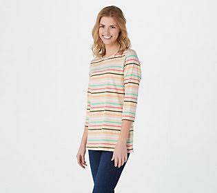 Denim Co. Yarn Dye Striped Perfect Jersey Round Neck Top, Size Large, Tapioca WYN0_Z6GDT55