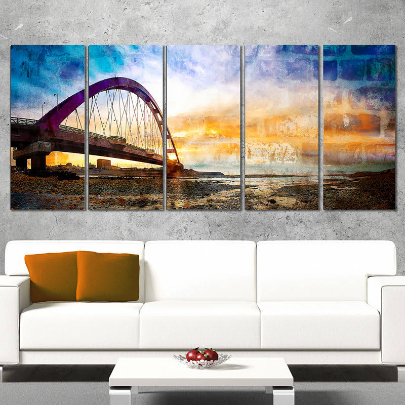 Design Art Color Red Bridge Sunset Taiwan - Modern Seascape Canvas Artwork, 60 in. Wide x 28 in. High - 5 Equal Panels UTZ0_M2TQF66