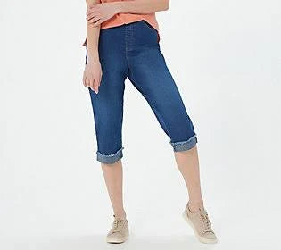 Denim Co. Pull-on-5-Pocket Capri Pants with Roll Cuff, Size Small, Dark Wash VEE6_V8IGT21