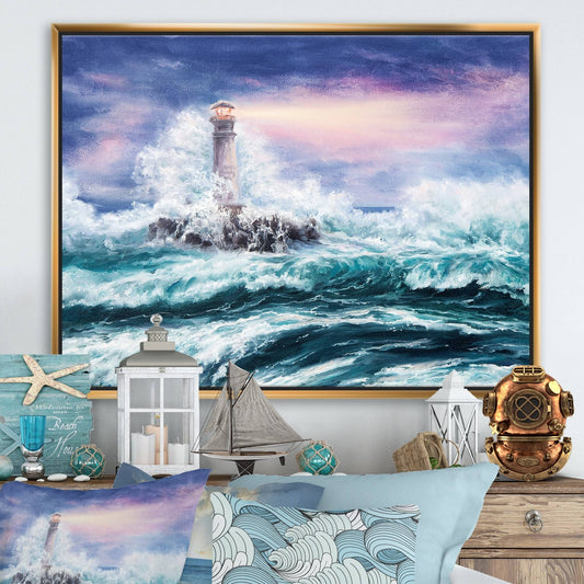 Designart &Lighthouse Wild Blue Ocean Waves& Nautical Coastal Framed Canvas Wall Art Print - 32 in. Wide x 24 in. High - G SJU2_H4CPZ17