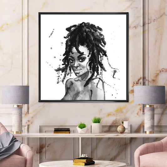 Designart Monochrome Portrait of African American Woman II Modern Framed Canvas Wall Art Print - 16 in. Wide x 16 in. High - B UME4_R4SLF98