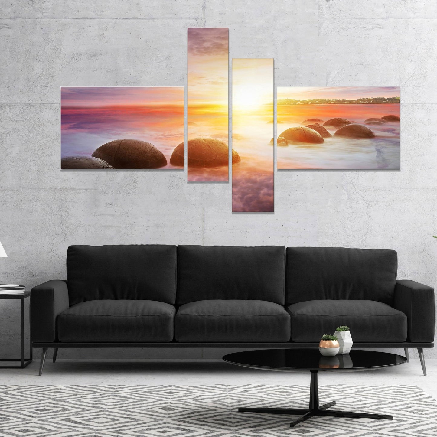 Designart Evening Sun Over Moeraki Boulders Seashore Photo Canvas Print 60 in. Wide x 32 in. High - 5 Panels PT9485-414 YIW7_R7OZY41