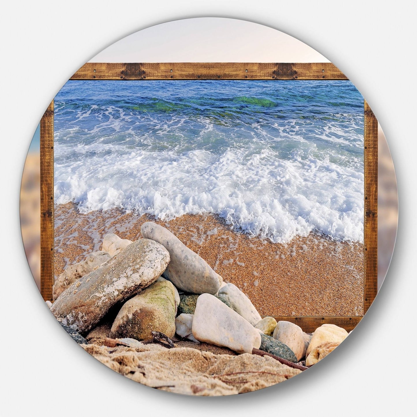 Designart &Framed Waves and Rocks& Seashore Art Round Metal Wall Art - 29 x 29 - Disc of 29 inch ICD8_D8DGS04