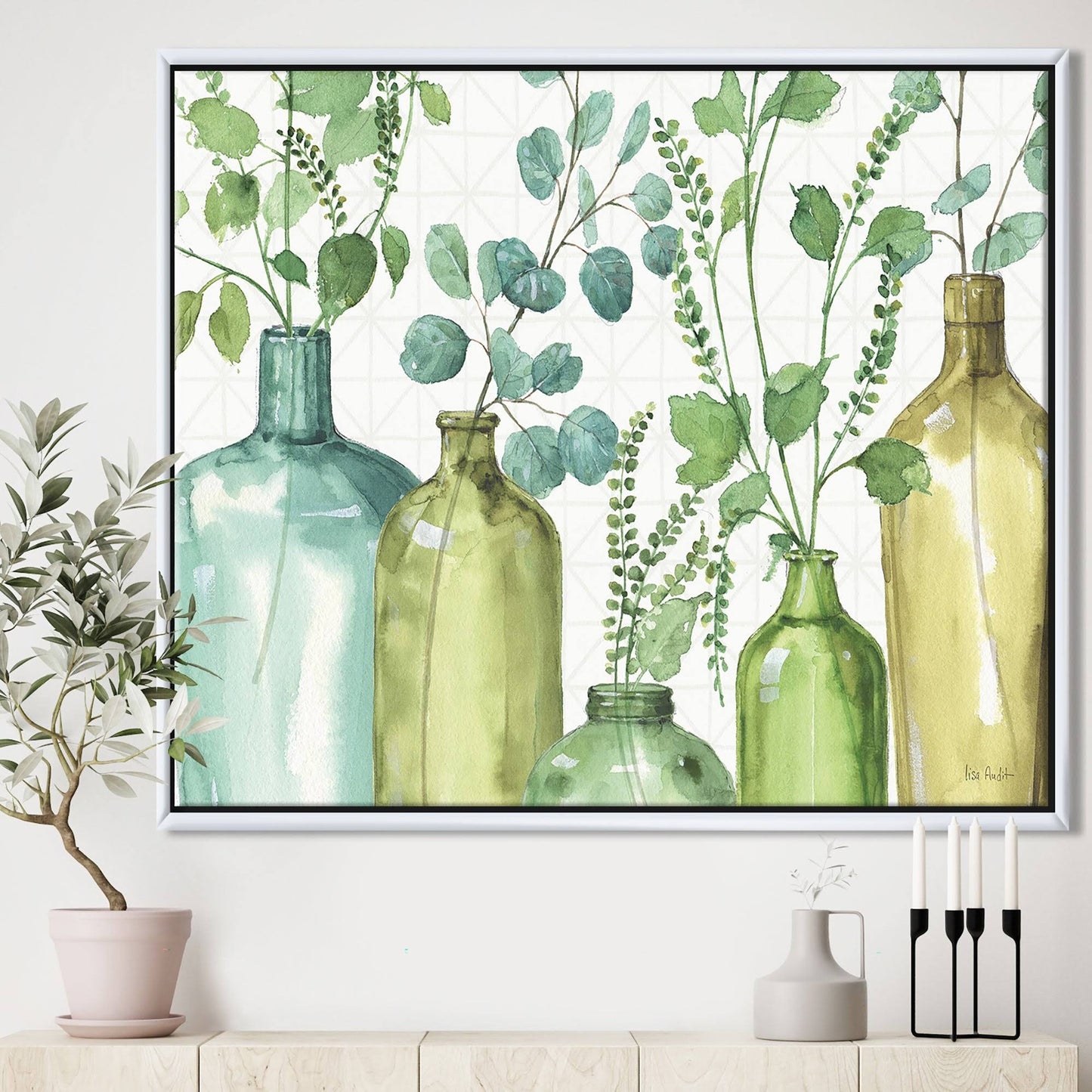 Designart Mixed Botanical Green Leaves I0 Cottage Framed Canvas - 32 in. Wide x 16 in. High - White XHZ3_V2CXR84