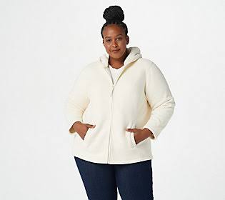 Denim Co. Zip Front Fleece Jacket w/ Hood and Sherpa lining, Size XX-Small, Natural XKF2_S6UCG44