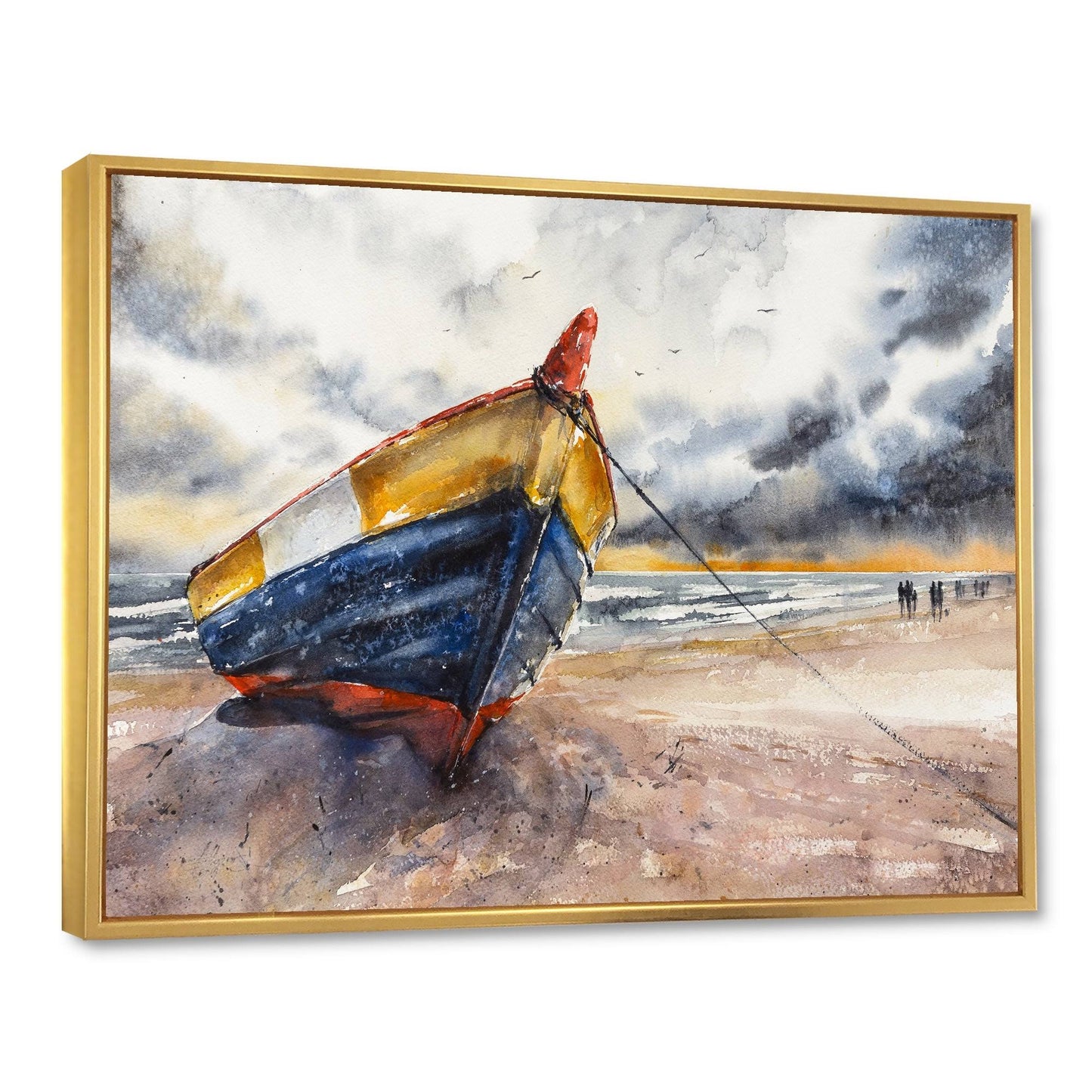 Designart &Wooden Boat on The Baltic Shores& Nautical Coastal Framed Canvas Wall Art Print - 32 in. Wide x 24 in. High - G GKB3_Y1MSF58