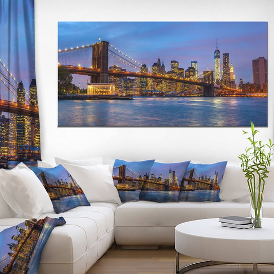 Design Art Brooklyn Bridge with Lights and Reflections - Cityscape Canvas Print - Multi-Color, 40 in. Wide x 20 in. High XUG5_A5OQJ83