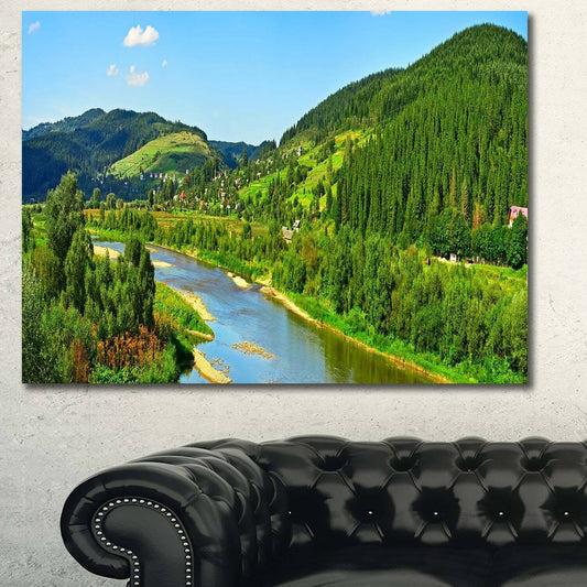 Designart Green Mountains and River  Landscape Wall Artwork - 32 in. Wide x 16 in. High NOD9_J2VHW08