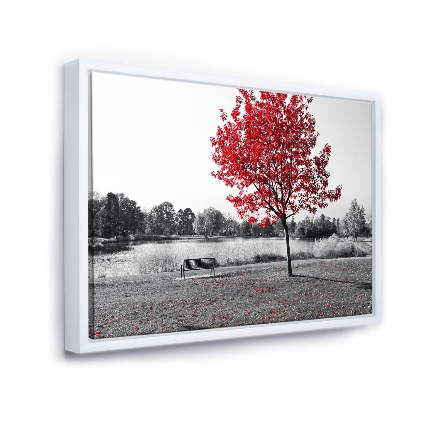 Designart Red Tree Over Park Bench Landscape Framed Canvas Art Print - 32 in. Wide x 16 in. High - White FLV5_N6NCG16