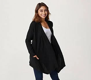 Denim Co. Regular Brushed Rib Long Sleeve Cardigan, Size Large, Black BQP8_O5MTG96