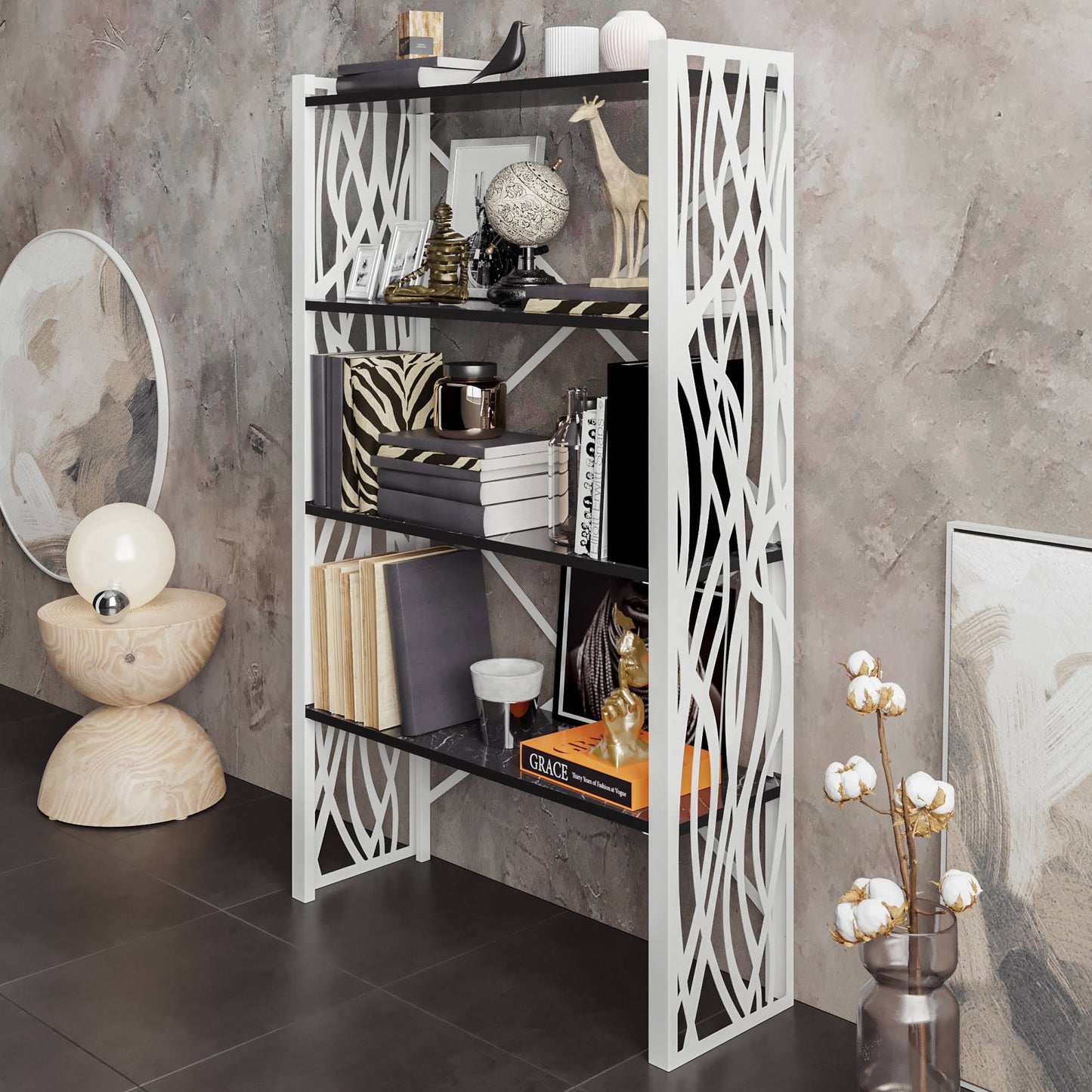 Decorotika Merkel 58&& Tall Metal Wood Accent Bookcase - White Bendire Black DTC2_O7ZKG54