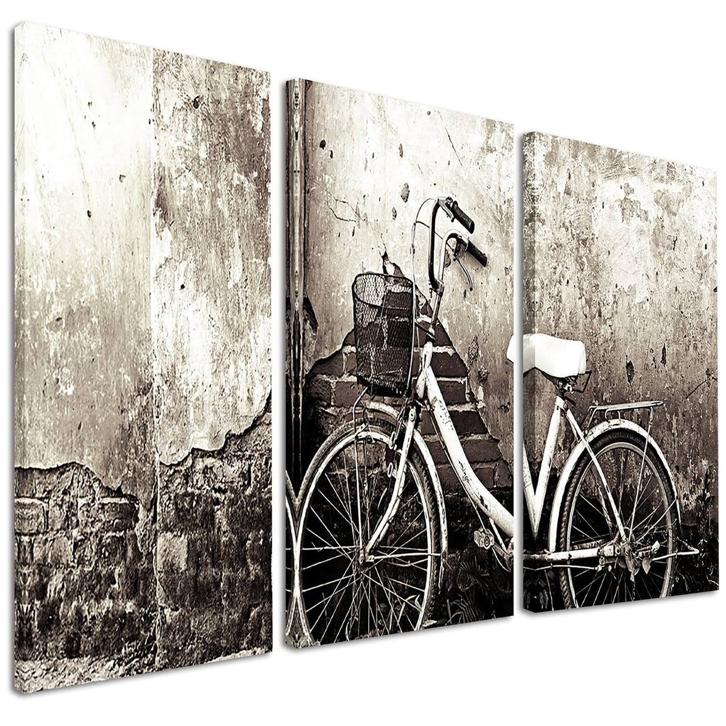 Designart Old Bicycle and Cracked Wall - 3 Piece Graphic Art on Wrapped Canvas Set INC9_C9ZIF91