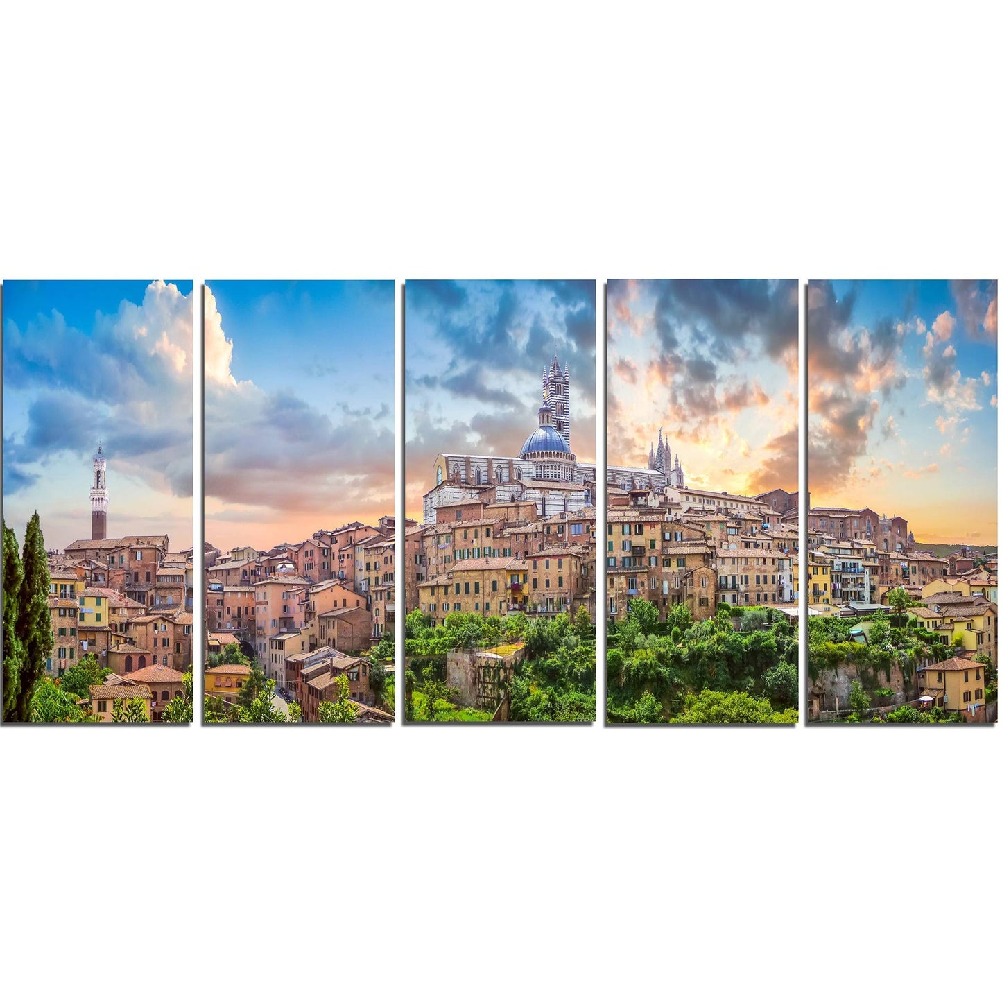 Design Art Historic City of Siena Panoramic View - Landscape Art Canvas Print - Blue, 60 in. Wide x 28 in. High - 5 Equal Panels NDT3_R3XYO69