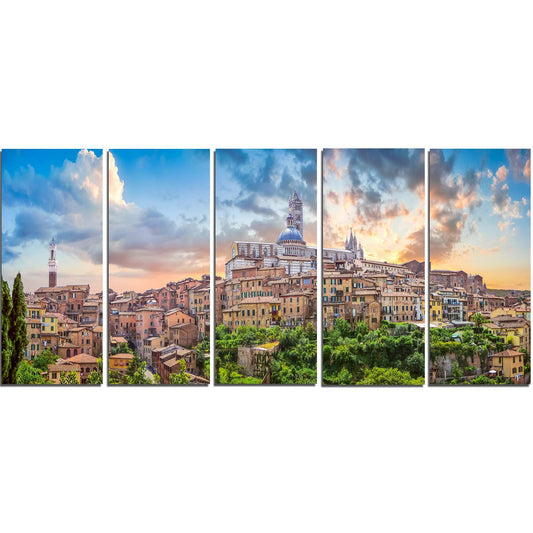 Design Art Historic City of Siena Panoramic View - Landscape Art Canvas Print - Blue, 60 in. Wide x 28 in. High - 5 Equal Panels NDT3_R3XYO69