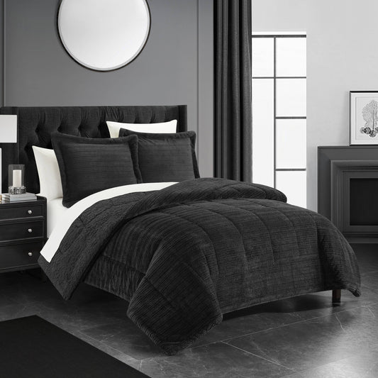 Chic Home Rajan 3 Piece Comforter Set Ribbed Textured Microplush Sherpa Bedding - Black - King KUC9_U0NOD77