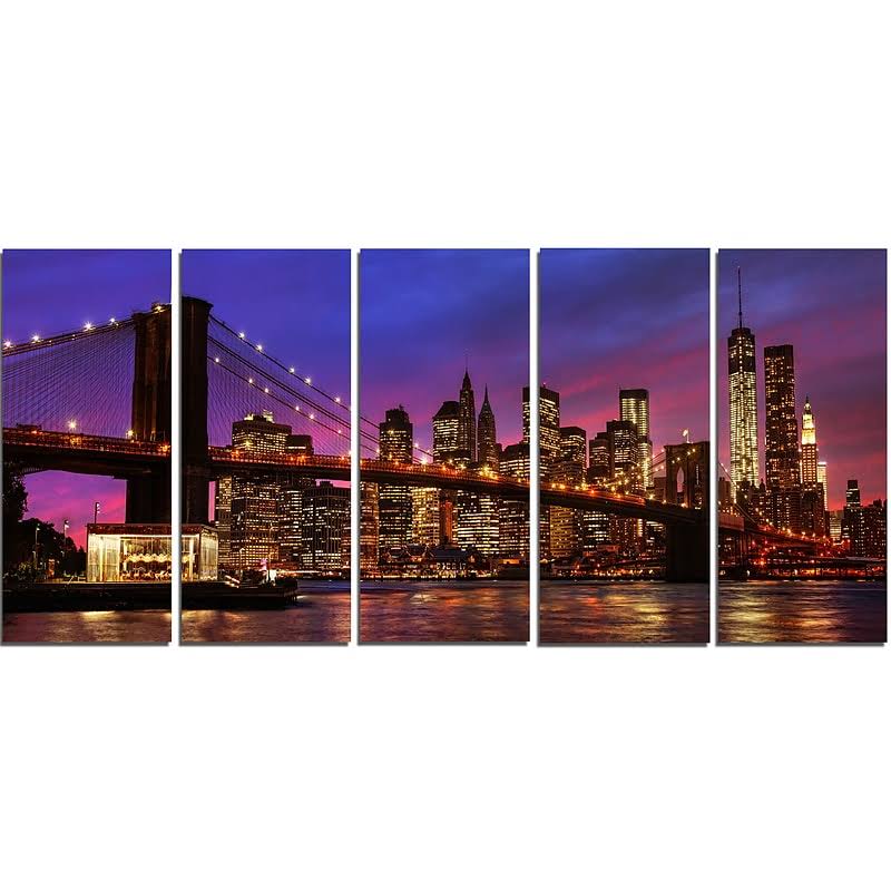 Design Art Brooklyn Bridge and Manhattan at Sunset& Cityscape Wall Art on Canvas - Pink, 60 in. Wide x 28 in. High - 5 Equal Pan UGU5_J0INW56