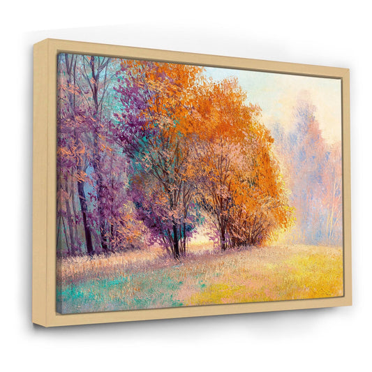 Designart &Autumn Forest Orange Leaves Original Landscape& Lake House Framed Canvas Wall Art Print - 32 in. Wide x 24 in. High - UAP8_M4QZI77