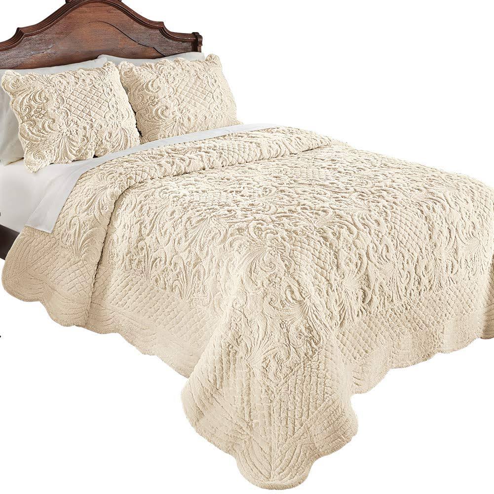 Collections Etc Elegant Ultra-Soft Faux Fur Plush Quilt Bedding with Scalloped Edges and Scroll and Lattice Patterns, Ivory, Twi BFC4_E2ZFY61