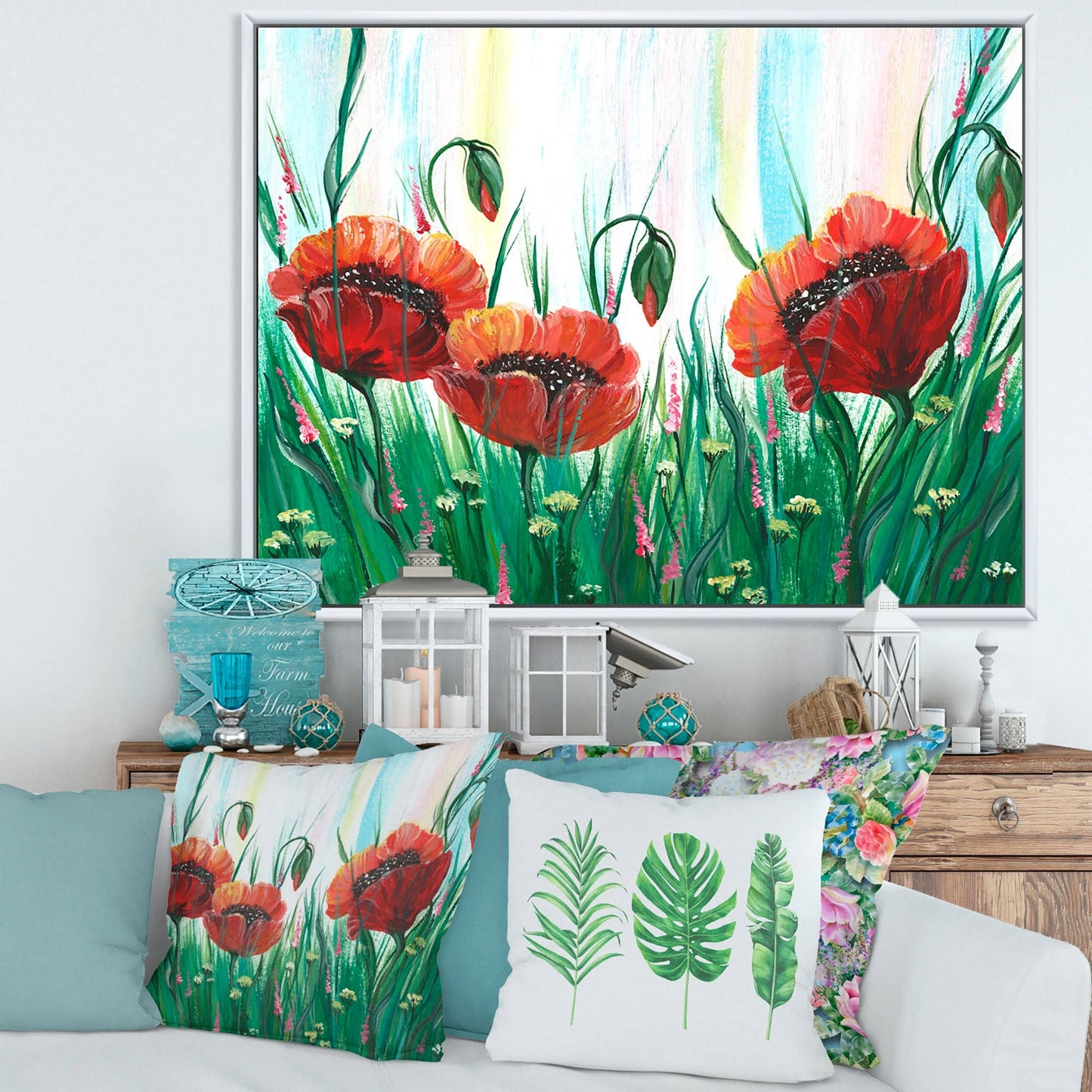 Designart Red Bright Poppy Flowers on A Green Meadow Traditional Framed Canvas Wall Art Print - 32 in. Wide x 16 in. High - Wh YSY9_K9XCU63