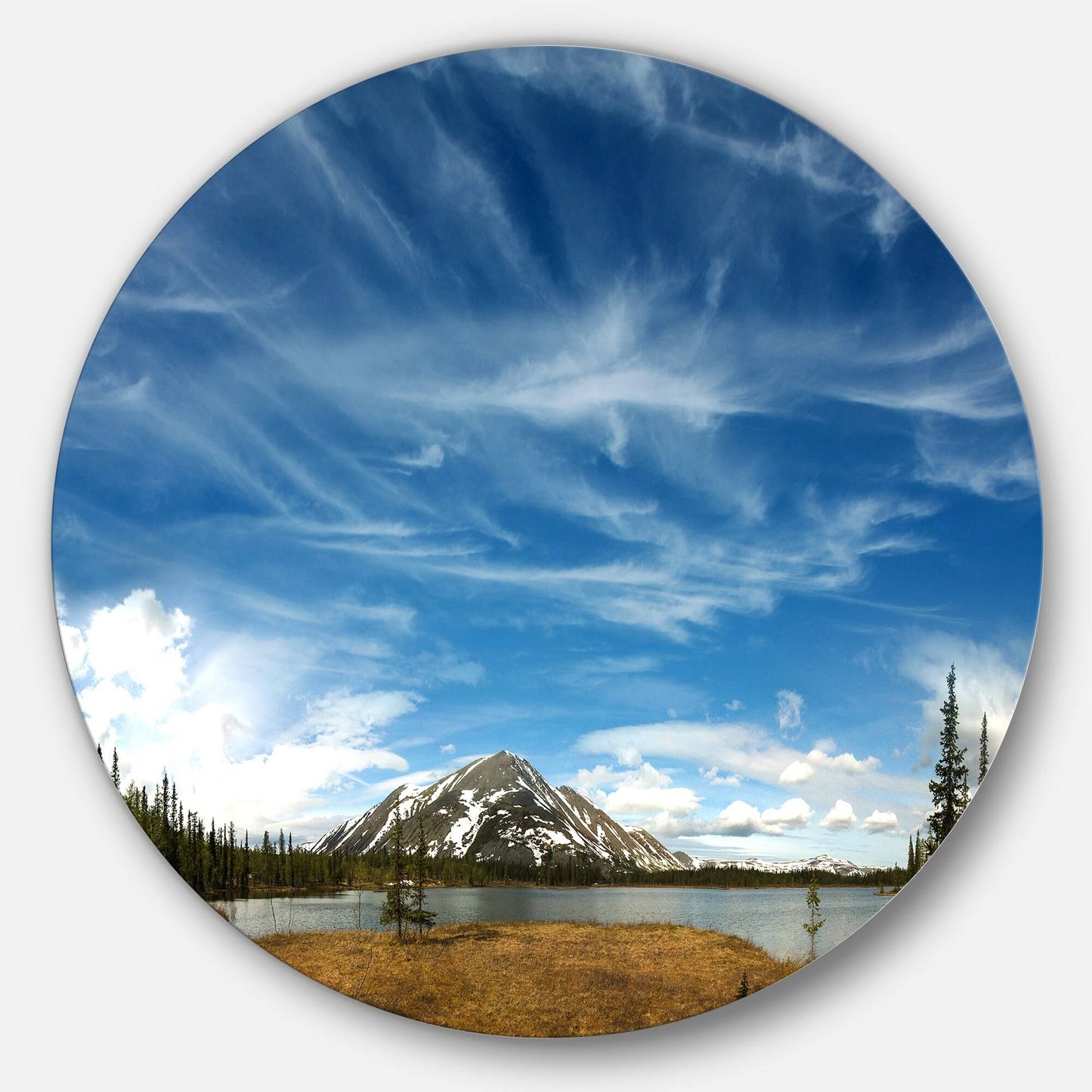 Designart Mountain and Lake Under Blue Sky Seashore Large Disc Metal Wall Art - 29 x 29 - Disc of 29 inch MUU7_E3XHZ09